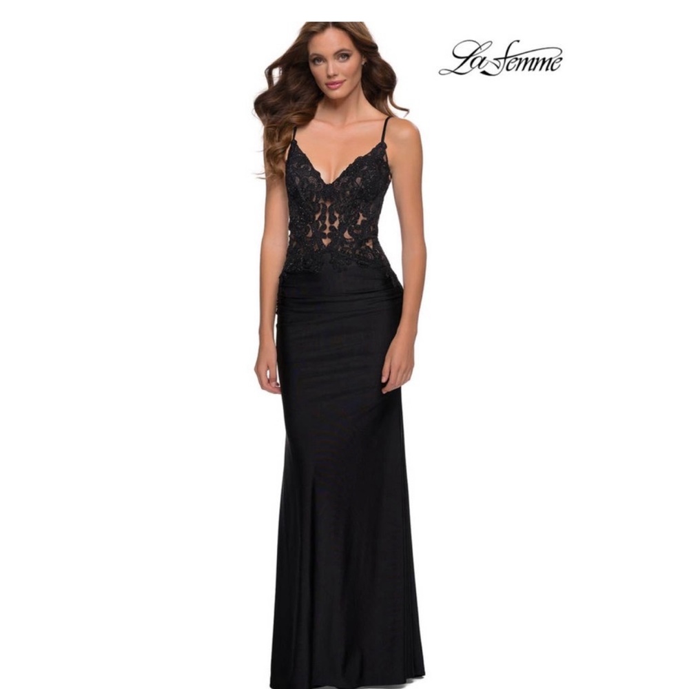 La Femme 29774 Sheer Illusion Lace Top V Neck Jersey Gown Size 6 New